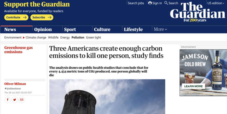Your CO2-laden breath is killing people…science says so! STUDY: ‘Three Americans create enough carbon emissions to kill one person’ – Claim: ‘For every 4,434 metric tons of CO2 produced, one person globally will die’