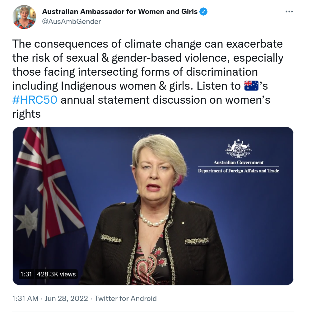 Aussie ‘Ambassador for Women’ claims ‘climate change’ causes rape! ‘Exacerbates the risks of sexual & gender-based violence’