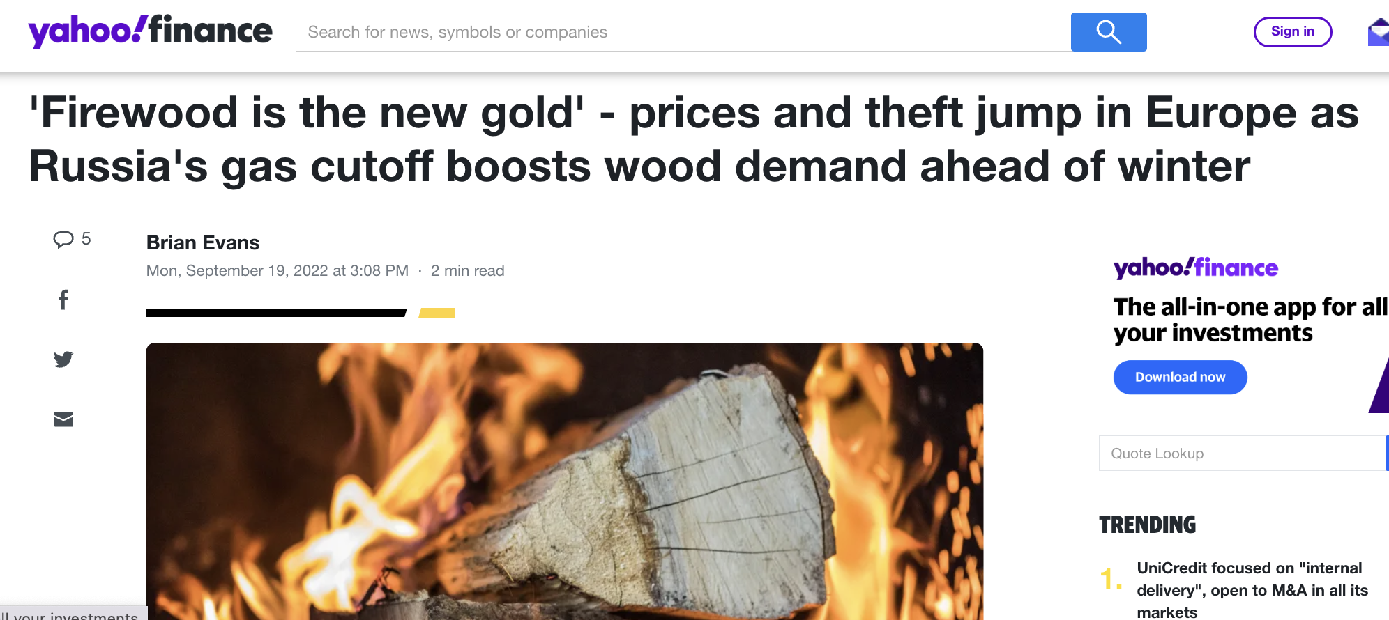 Yahoo Finance: ‘Firewood is the new gold’ – prices & theft jump in Europe as Russia’s gas cutoff boosts wood demand ahead of winter – 1000% increase in EU energy prices
