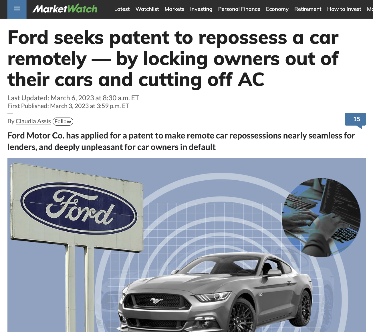 Ford seeks patent to repossess a car remotely — by locking owners out of their cars & cutting off AC & forcing car’s audio system to ’emit an incessant & unpleasant sound’