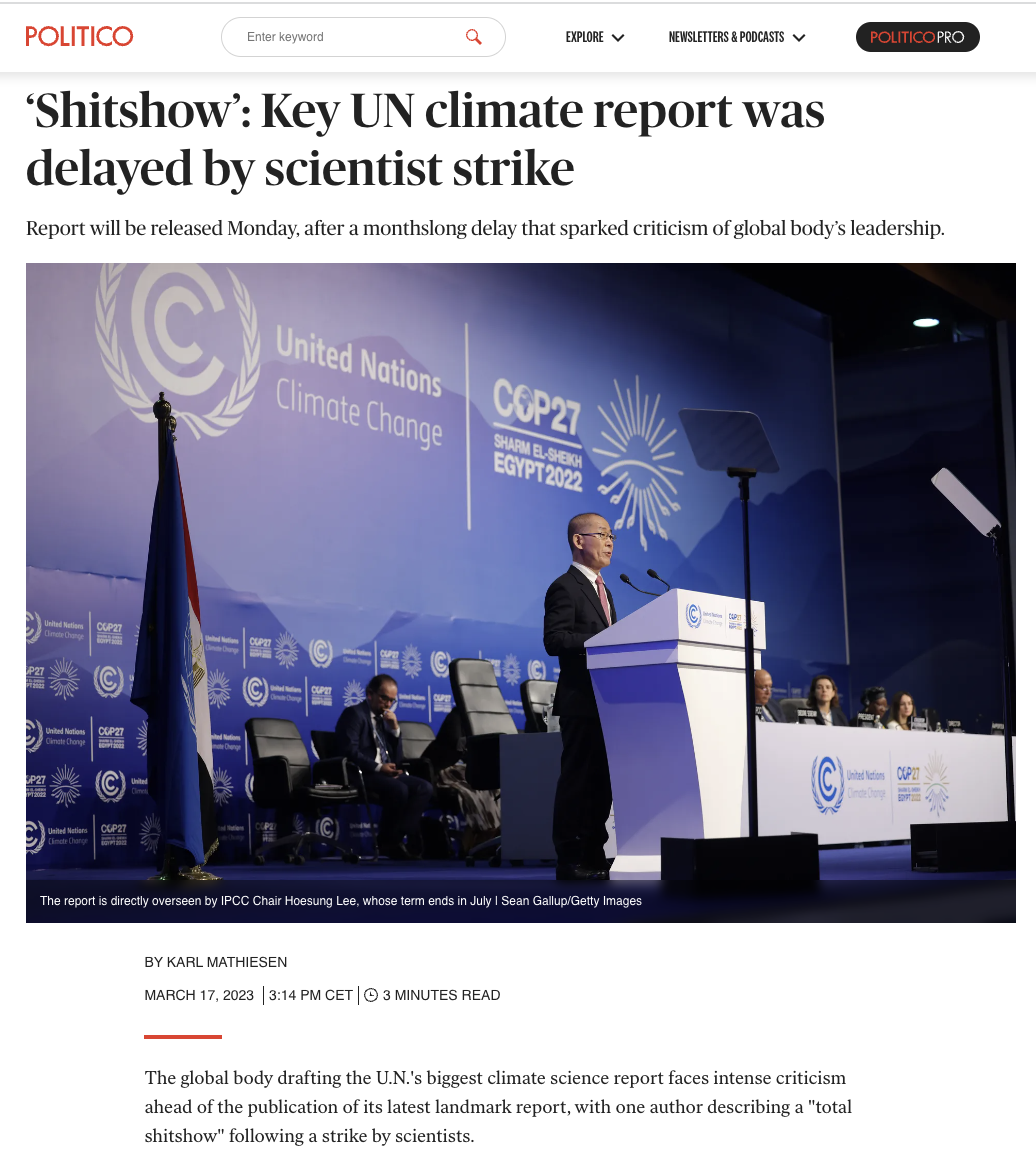 Politico: UN ‘Shitshow’: ‘Scientists & green campaigners…upset’ that IPCC climate ‘science’ report delayed – ‘Missed the opportunity to add impetus’ to Nov 2022 Egypt summit