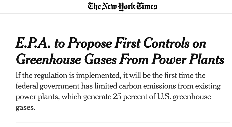 EPA to Propose First Controls on CO2 Emissions From Power Plants – ‘Will be 1st time fed gov’t has limited CO2 from existing power plants’