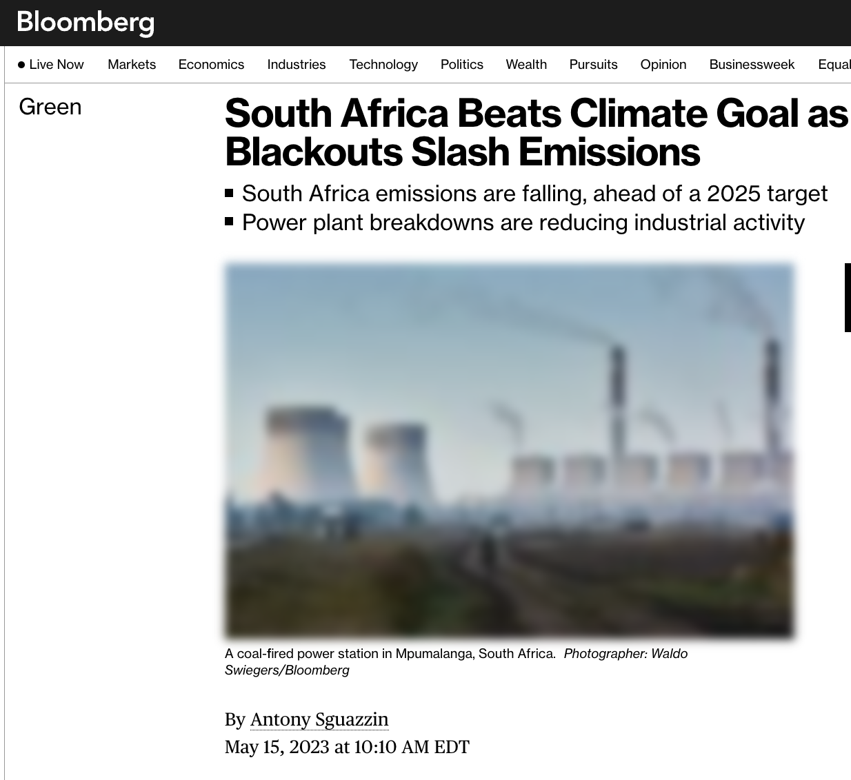 Bloomberg News: ‘South Africa Beats Climate Goal as Blackouts Slash Emissions’ – ‘Unintentional…power plant breakdowns are reducing industrial activity’