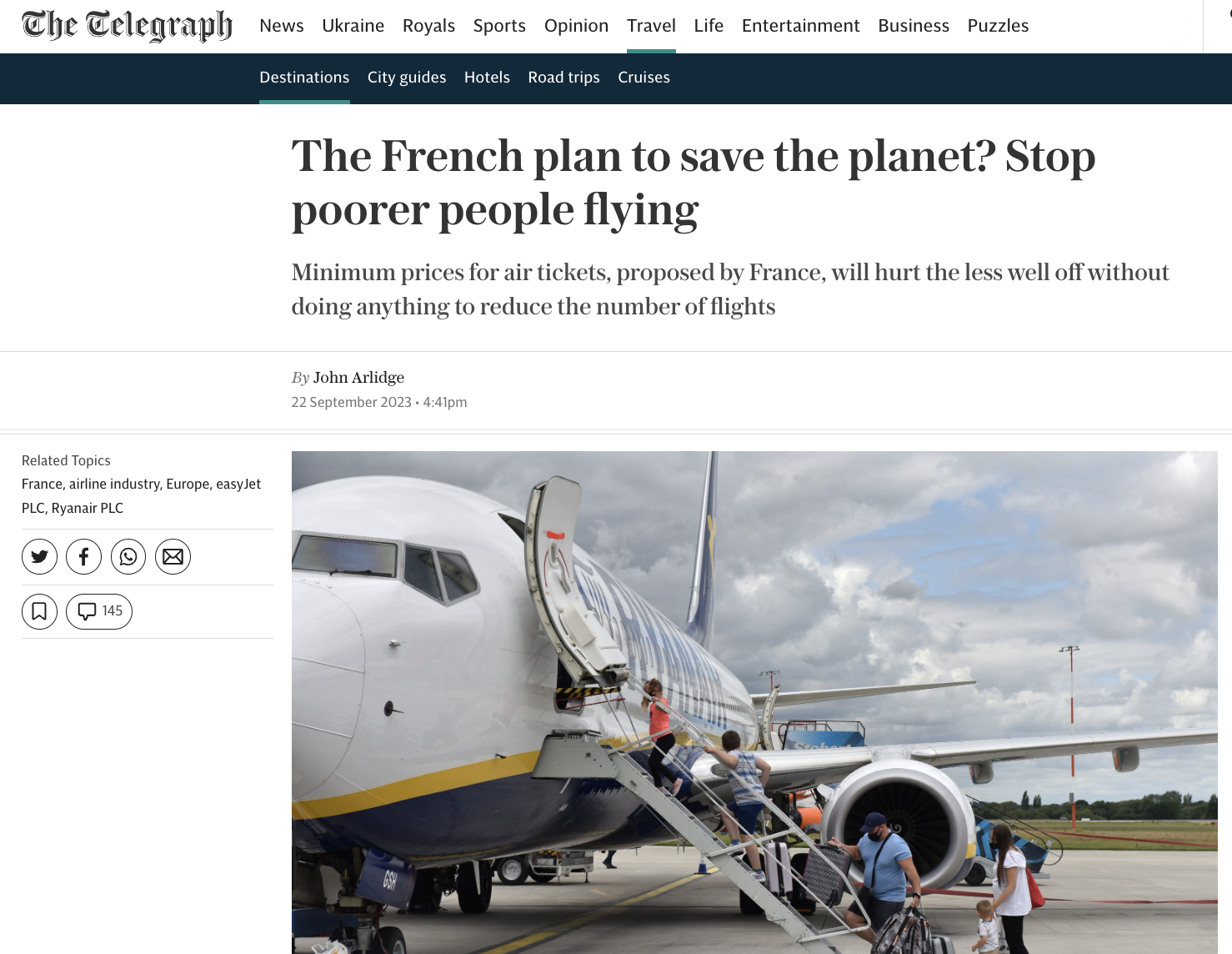 UK Telegraph: The French plan to save the planet? Stop poorer people flying – Seeking ‘a minimum price for airfares within the EU in a bid to reduce the number of flights’ to reduce CO2 emissions