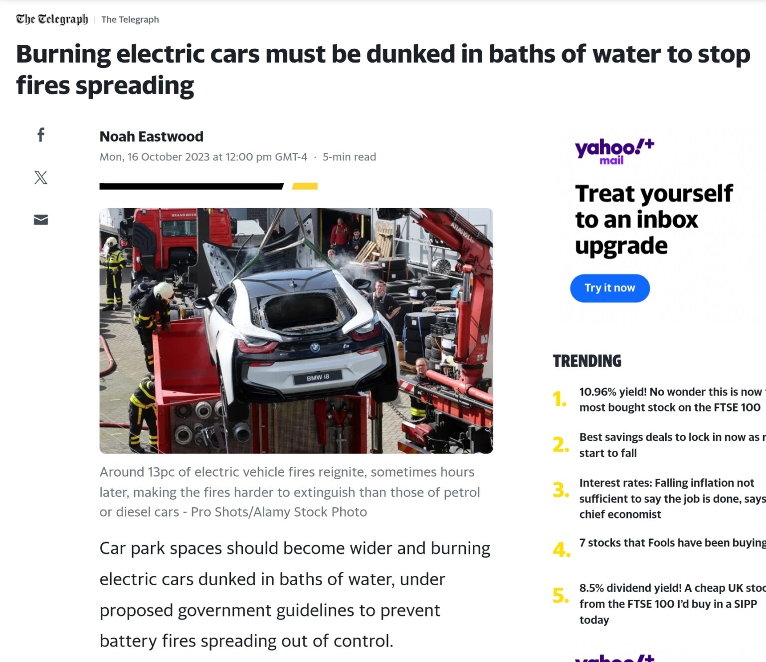 UK Telegraph ‘Electric Car Fire Bath’ ‘Burning electric cars must be