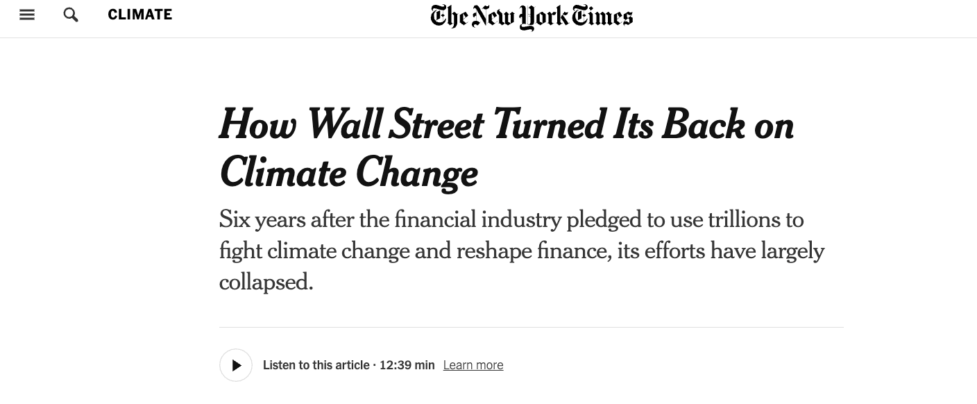 climatedepot.com - NYT: 'How Wall Street Turned Its Back on Climate Change' - 'Six years after the financial industry pledged to use trillions to fight climate change…its efforts have largely collapsed'